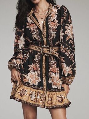 FARM Rio Majestic Garden Black Floral Belted Mini Dress, NWT 🇧🇷